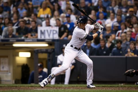 MILWAUKEE, WI – SEPTEMBER 18: Christian Yelich #22 of the Milwaukee Brewers bats in the sixth inning against the Cincinnati Reds at Miller Park on September 18, 2018 in Milwaukee, Wisconsin. (Photo by Dylan Buell/Getty Images)