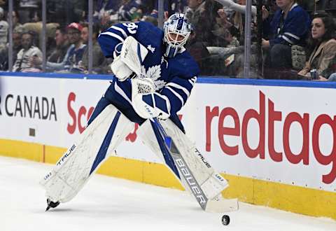 Sep 28, 2022; Toronto, Ontario, CAN; Toronto Maple Leafs goalie Matt Murray (30) plays the puck against the Montreal Canadiens in the first period at Scotiabank Arena. Mandatory Credit: Dan Hamilton-USA TODAY Sports