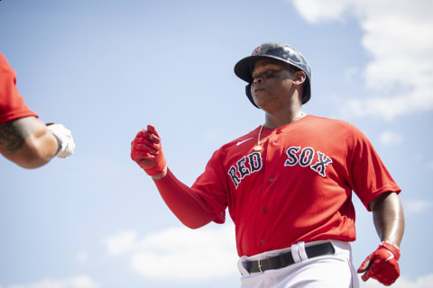 FORT MYERS, FL – FEBRUARY 24: Rafael Devers #11of the Boston Red Sox reacts after scoring during the first inning of a game against the Northeastern University Huskies on February 24, 2023 at JetBlue Park at Fenway South in Fort Myers, Florida. (Photo by Maddie Malhotra/Boston Red Sox/Getty Images)