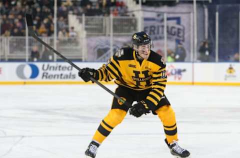 HAMILTON, ONTARIO – MARCH 14: Gavin White #10 of the Hamilton Bulldogs winds up to take a shot against the Oshawa Generals at Tim Hortons Field on March 14, 2022 in Hamilton, Ontario. (Photo by Chris Tanouye/Getty Images)