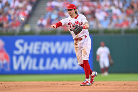 Jun 30, 2023; Philadelphia, Pennsylvania, USA; Philadelphia Phillies second baseman Bryson Stott (5) throws to first against the Washington Nationals in the fifth inning at Citizens Bank Park. Mandatory Credit: Kyle Ross-USA TODAY Sports