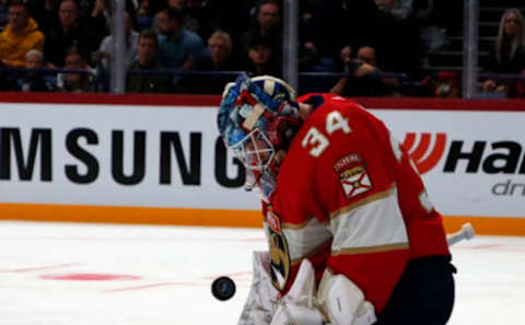 HELSINKI, FINLAND – NOVEMBER 1: Goaltender James Reimer #34 of the Florida Panthers defends the net against the Winnipeg Jets in the 2018 NHL Global Series at the Hartwall Arena on November 1, 2018 in Helsinki, Finland. (Photo by Eliot J. Schechter/NHLI via Getty Images)