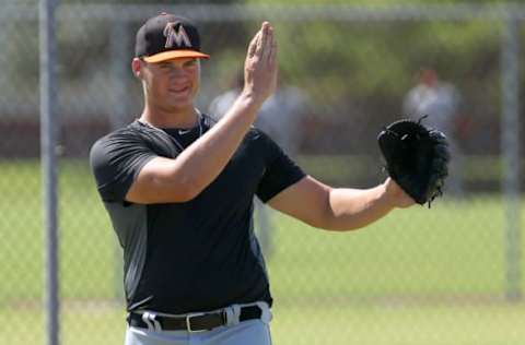 08 AUG 2014: 2014 first round pick Tyler Kolek of the Marlins before the Gulf Coast League game between the GCL Marlins and the GCL Nationals at the Carl Barger Baseball Complex in Viera, Florida. (Photo by Cliff Welch/Icon SMI/Corbis via Getty Images)