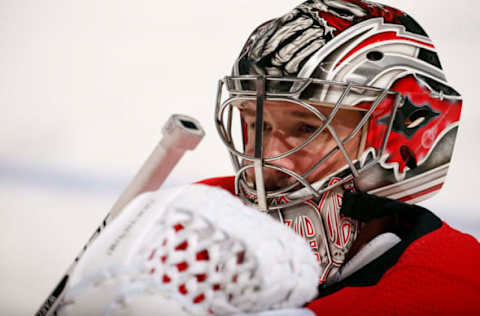 SUNRISE, FL – APRIL 2: Goaltender Cam Ward #30 of the Carolina Hurricanes stretches on the ice during warm ups against the Florida Panthers at the BB&T Center on April 2, 2018 in Sunrise, Florida. (Photo by Eliot J. Schechter/NHLI via Getty Images) *** Local Caption *** Cam Ward