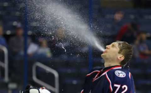 Oct 6, 2016; Columbus, OH, USA; Columbus Blue Jackets goalie Sergei Bobrovsky (72) spits water into the air prior to the game against the Boston Bruins during a preseason hockey game at Nationwide Arena. Mandatory Credit: Aaron Doster-USA TODAY Sports