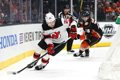 Michael McLeod #20 of the New Jersey Devils. (Photo by Sean M. Haffey/Getty Images)