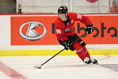 LANGLEY, BRITISH COLUMBIA – JANUARY 25: Forward Connor Bedard #98 of the Regina Pats skates for Team Red during the 2023 Kubota CHL Top Prospects Game Practice at the Langley Events Centre on January 25, 2023 in Langley, British Columbia. (Photo by Dennis Pajot/Getty Images)