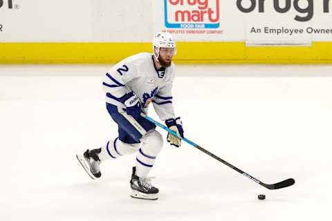 CLEVELAND, OH – JANUARY 24: Toronto Marlies defenceman Jake Muzzin (2) controls the puck during the second period of the American Hockey League game between the Toronto Marlies and Cleveland Monsters on January 24, 2020, at Rocket Mortgage FieldHouse in Cleveland, OH. (Photo by Frank Jansky/Icon Sportswire via Getty Images)