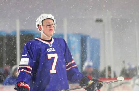 BUFFALO, NY – DECEMBER 29: Brady Tkachuk #7 of United States during the IIHF World Junior Championship at New Era Field against Canada on December 29, 2017 in Buffalo, New York. The United States beat Canada 4-3. (Photo by Kevin Hoffman/Getty Images)