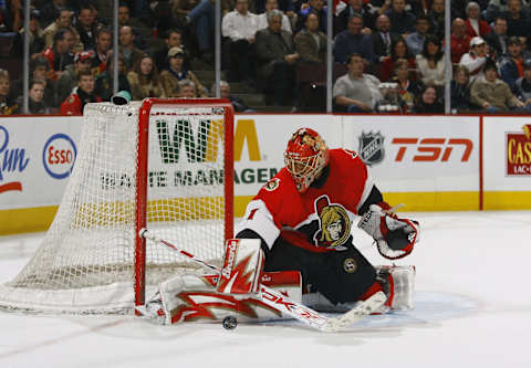 OTTAWA, CANADA – FEBRUARY 28: Ray Emery #1 of the Ottawa Senators makes a blocker save off a shot by the Carolina Hurricanes during a game on February 28, 2007 at the Scotiabank Place in Ottawa, Canada. The Ottawa Senators defeated the Carolina Hurricanes 2-0. (Photo by Phillip MacCallum/Getty Images)