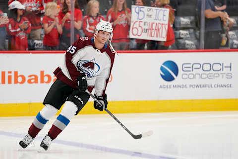 WASHINGTON, DC – OCTOBER 14: Andre Burakovsky #95 of the Colorado Avalanche skates during the pregame skate before a game against the Washington Capitals at Capital One Arena on October 14, 2019 in Washington, DC. (Photo by Patrick McDermott/NHLI via Getty Images)