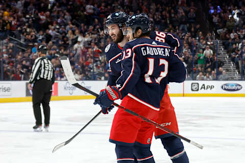 COLUMBUS, OH – MARCH 24: Johnny Gaudreau #13 of the Columbus Blue Jackets is congratulated by Kirill Marchenko #86 after scoring a goal during the second period of the game against the New York Islanders at Nationwide Arena on March 24, 2023 in Columbus, Ohio. (Photo by Kirk Irwin/Getty Images)