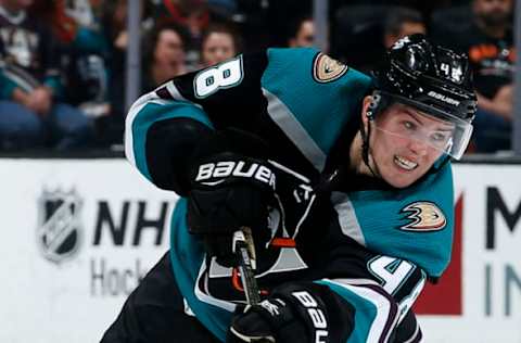 ANAHEIM, CA – OCTOBER 8: Isac Lundestrom #48 of the Anaheim Ducks dumps the puck during the game against the Detroit Red Wings on October 8, 2018, at Honda Center in Anaheim, California. (Photo by Debora Robinson/NHLI via Getty Images)