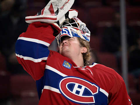 Sep 25, 2023; Montreal, Quebec, CAN; Montreal Canadiens goalie Sam Montembeault. Mandatory Credit: Eric Bolte-USA TODAY Sports