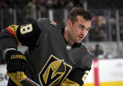 LAS VEGAS, NEVADA – DECEMBER 28: William Carrier #28 of the Vegas Golden Knights warms up before a game against the Arizona Coyotes in the first period of their game at T-Mobile Arena on December 28, 2019 in Las Vegas, Nevada. (Photo by Ethan Miller/Getty Images)