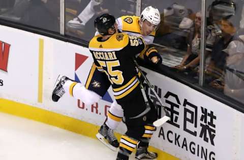 BOSTON, MA – OCTOBER 5: Boston Bruins Noel Acciari checks Nashville Predators Alexei Emelin into the boards during first period action at TD Garden in Boston on Oct. 05, 2017. (Photo by Matthew J. Lee/The Boston Globe via Getty Images)