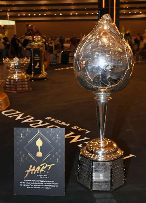 LAS VEGAS, NEVADA – JUNE 16: The Hart Memorial Trophy is displayed at MGM Grand Hotel & Casino s. (Photo by Ethan Miller/Getty Images)