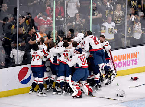 LAS VEGAS, NV – JUNE 07: The Washington Capitals celebrate their 4-3 victory over the Vegas Golden Knights to win the Stanley Cup in Game Five of the 2018 NHL Stanley Cup Final at T-Mobile Arena on June 7, 2018 in Las Vegas, Nevada. (Photo by David Becker/NHLI via Getty Images)