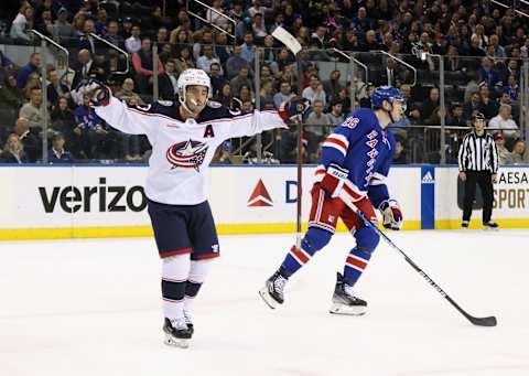 NEW YORK, NEW YORK – MARCH 28: Johnny Gaudreau #13 of the Columbus Blue Jackets celebrates his first period goal against the New York Rangers at Madison Square Garden on March 28, 2023 in New York City. (Photo by Bruce Bennett/Getty Images)