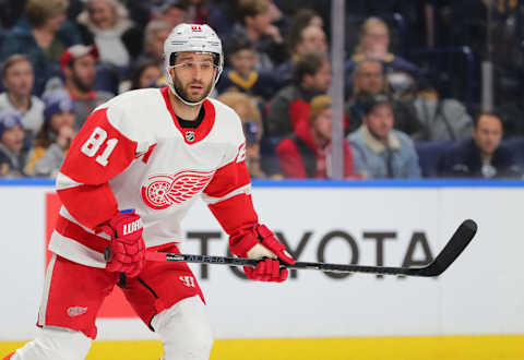 BUFFALO, NY – FEBRUARY 11: Frans Nielsen #81 of the Detroit Red Wings looks for the puck during the second period against the Buffalo Sabres at KeyBank Center on February 11, 2020 in Buffalo, New York. (Photo by Timothy T Ludwig/Getty Images)