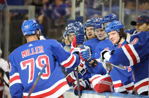 NEW YORK, NEW YORK – APRIL 12: K’Andre Miller #79 of the New York Rangers celebrates his second-period goal against the Carolina Hurricanes during their game at Madison Square Garden on April 12, 2022, in New York City. (Photo by Al Bello/Getty Images)