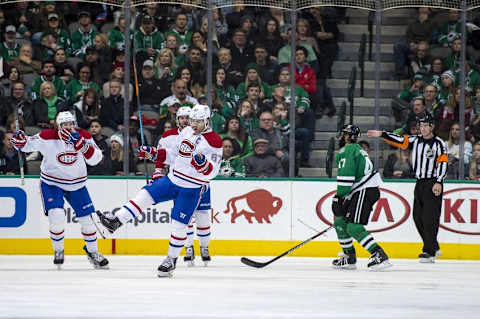 Jan 4, 2017; Dallas, TX, USA; Montreal Canadiens left wing Max Pacioretty (67) celebrates a goal against the Dallas Stars during the third period at the American Airlines Center. The Canadiens defeat the Stars 4-3 in overtime. Mandatory Credit: Jerome Miron-USA TODAY Sports