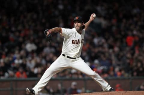 Apr 13, 2017; San Francisco, CA, USA; San Francisco Giants starting pitcher Madison Bumgarner (40) throws to the Colorado Rockies in the sixth inning of their MLB baseball game at AT&T Park. Mandatory Credit: Lance Iversen-USA TODAY Sports