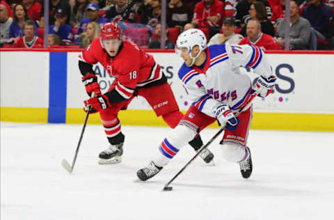 RALEIGH, NC – NOVEMBER 07: New York Rangers defenseman Tony DeAngelo (77) with the puck during the 3rd period of the Carolina Hurricanes game versus the New York Rangers on November 7th, 2019 at PNC Arena in Raleigh, NC (Photo by Jaylynn Nash/Icon Sportswire via Getty Images)