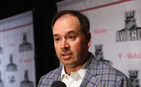 LAS VEGAS, NV – JUNE 20: Pierre Dorion of the Ottawa Senators is interviewed during media availability for the 2017 NHL Awards at Encore Las Vegas on June 20, 2017 in Las Vegas, Nevada. (Photo by Bruce Bennett/Getty Images)