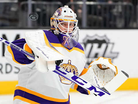 Jan. 7, 2023; Las Vegas, Nevada, USA; Los Angeles Kings goaltender Pheonix Copley (29) warms up before a game against the Vegas Golden Knights at T-Mobile Arena. Mandatory Credit: Stephen R. Sylvanie-USA TODAY Sports