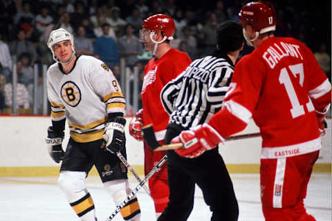 BOSTON, MA. – 1980’s: Cam Neely #8 of the Boston Bruins has a few words with Gerard Gallant #17 of the Detroit Red Wings at the Boston Garden. (Photo by Steve Babineau/NHLI via Getty Images)