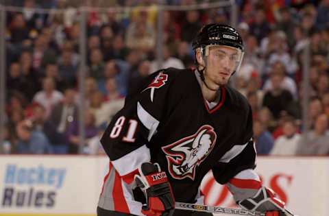 2004 Season: Detroit Red Wings at Buffalo Sabres, December 10, 2003 And Player Miroslav Satan. (Photo by Bruce Bennett Studios/Getty Images)