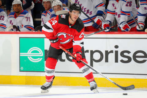 Thomas Hickey of the New Jersey Devils. (Photo by Rich Graessle/Getty Images)