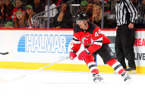 Miles Wood #44 of the New Jersey Devils. (Photo by Rich Graessle/Getty Images)