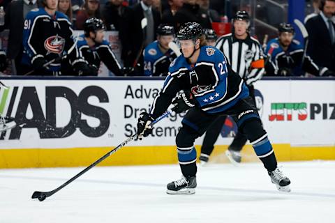 COLUMBUS, OH – JANUARY 16: Adam Boqvist #27 of the Columbus Blue Jackets controls the puck during the game against the New York Rangers at Nationwide Arena on January 16, 2023 in Columbus, Ohio. (Photo by Kirk Irwin/Getty Images)