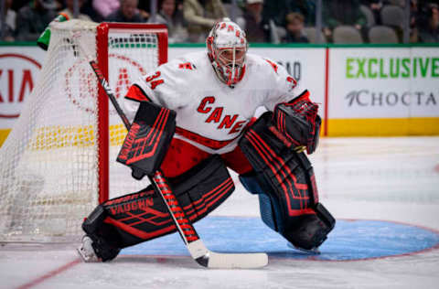 Feb 11, 2020; Dallas, Texas, USA; Carolina Hurricanes goaltender Petr Mrazek (34) in action during the game between the Stars and the Hurricanes at the American Airlines Center. Mandatory Credit: Jerome Miron-USA TODAY Sports