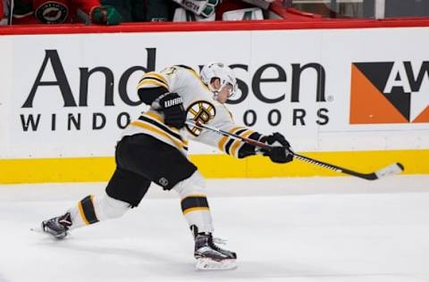 Nov 17, 2016; Saint Paul, MN, USA; Boston Bruins defenseman Torey Krug (47) shoots in the third period against the Minnesota Wild at Xcel Energy Center. The Minnesota Wild beat the Boston Bruins 1-0. Mandatory Credit: Brad Rempel-USA TODAY Sports