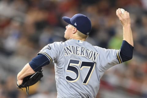 WASHINGTON, DC – SEPTEMBER 01: Chase Anderson #57 of the Milwaukee Brewers pitches during a baseball game against the Washington Nationals at Nationals Park on September 1, 2018 in Washington, DC. (Photo by Mitchell Layton/Getty Images)