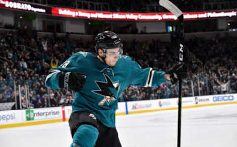 SAN JOSE, CA – MARCH 09: Timo Meier #28 of the San Jose Sharks celebrates after scoring against the St Louis Blues at SAP Center on March 9, 2019 in San Jose, California (Photo by Brandon Magnus/NHLI via Getty Images)