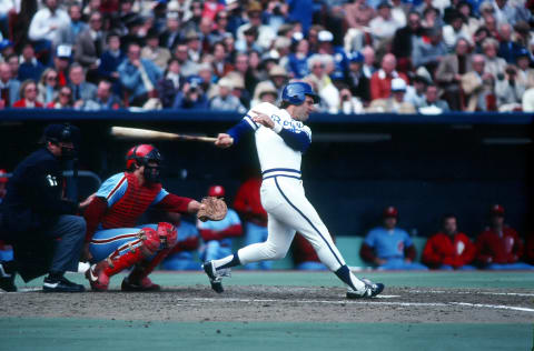 KANSAS CITY, MO – OCTOBER 18: George Brett of the Kansas City Royals bats during World Series game four between the Kansas City Royals and Philadelphia Phillies on October 18, 1980 at Royals Stadium in Kansas City, Missouri. The Royals defeated the Phillies 5-3. (Photo by Rich Pilling/Getty Images)