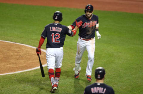 Nov 1, 2016; Cleveland, OH, USA; Cleveland Indians second baseman Jason Kipnis (right) celebrates with shortstop Francisco Lindor (12) after hitting a solo home run against the Chicago Cubs in the 5th inning in game six of the 2016 World Series at Progressive Field. Mandatory Credit: Charles LeClaire-USA TODAY Sports