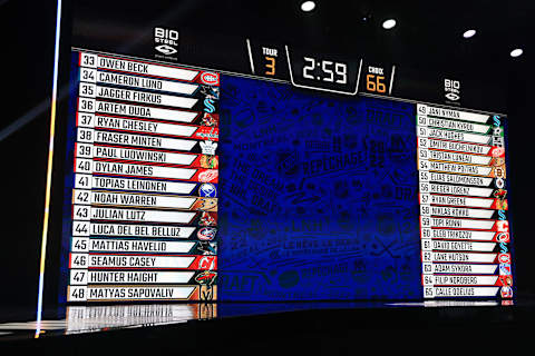 MONTREAL, QUEBEC – JULY 08: A general view of the draft board from Round Two of the 2022 Upper Deck NHL Draft at Bell Centre on July 08, 2022 in Montreal, Quebec, Canada. (Photo by Bruce Bennett/Getty Images)