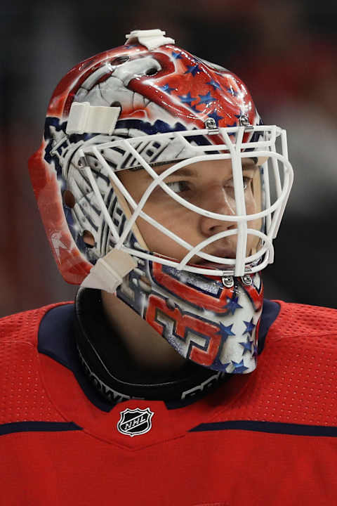 WASHINGTON, DC – SEPTEMBER 18: Goalie Ilya Samsonov #30 of the Washington Capitals tends the net against the Boston Bruins during the third period of a preseason NHL game at Capital One Arena on September 18, 2018 in Washington, DC. (Photo by Patrick Smith/Getty Images)