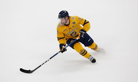 TAMPA, FL – APRIL 6: Zach Metsa #23 of the Quinnipiac Bobcats skates against the Michigan Wolverines during game two of the 2023 NCAA Division I Men’s Hockey Frozen Four Championship Semifinal at the Amaile Arena on April 6, 2023 in Tampa, Florida. The Bobcats won 5-2. (Photo by Richard T Gagnon/Getty Images)