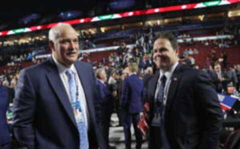 VANCOUVER, BRITISH COLUMBIA – JUNE 21: (L-R) John Davidson and Jeff Gorton of the New York Rangers attends the 2019 NHL Draft at the Rogers Arena on June 21, 2019 in Vancouver, Canada. (Photo by Bruce Bennett/Getty Images)