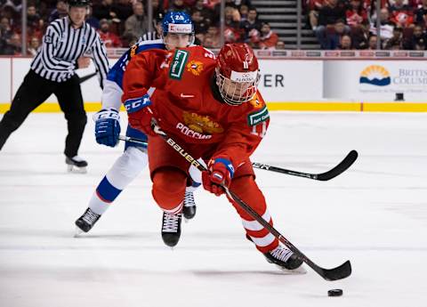 VANCOUVER, BC – JANUARY 2: Vasili Podkolzin #11 of Russia skates with the puck in Quarterfinal hockey action of the 2019 IIHF World Junior Championship against Slovakia on January, 2, 2019 at Rogers Arena in Vancouver, British Columbia, Canada. (Photo by Rich Lam/Getty Images)