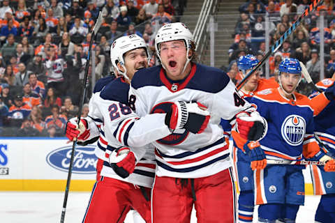 EDMONTON, AB – DECEMBER 31: Jack Roslovic #28 and Brendan Lemieux #48 of the Winnipeg Jets celebrate after a goal during the game against the Edmonton Oilers on December 31, 2018 at Rogers Place in Edmonton, Alberta, Canada. (Photo by Andy Devlin/NHLI via Getty Images)