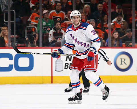 PHILADELPHIA, PA – APRIL 07: Steven Fogarty #38 of the New York Rangers skates in his first NHL game against the Philadelphia Flyers at the Wells Fargo Center on April 7, 2018 in Philadelphia, Pennsylvania. (Photo by Bruce Bennett/Getty Images)