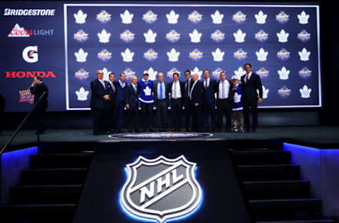 BUFFALO, NY – JUNE 24: Auston Matthews celebrates onstage with Toronto Maple Leafs General Manager Lou Lamoriello. (Photo by Bruce Bennett/Getty Images)