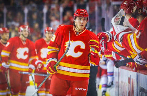 Nov 12, 2016; Calgary, Alberta, CAN; Calgary Flames left wing Micheal Ferland (79) celebrates his goal with teammates against the New York Rangers during the third period at Scotiabank Saddledome. New York Rangers won 4-1. Mandatory Credit: Sergei Belski-USA TODAY Sports